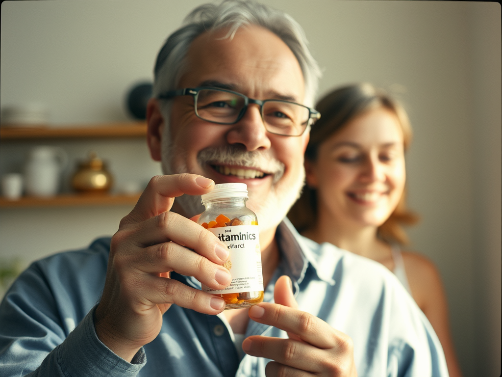 Un hombre adulto mostrando un frasco de multivitamínicos con una mujer detrás. 